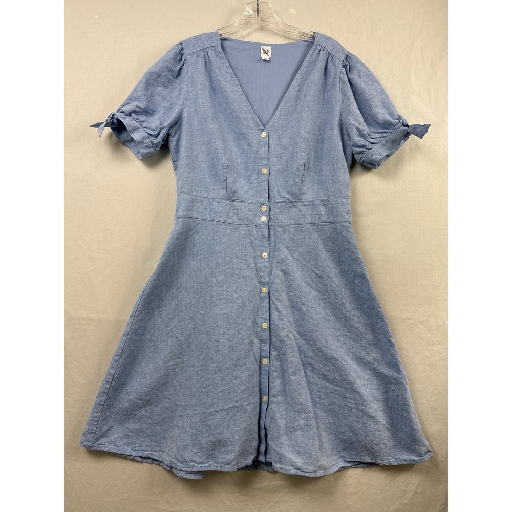 Gap Button Front Dress Womens 10 Tall Blue Linen Blend Puff Sleeve Fit Flare